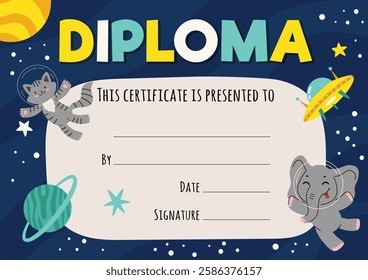 Kids diploma certificate with animals astronauts in open space with stars and planets. Template for achievement rewards. Vector cartoon illustration