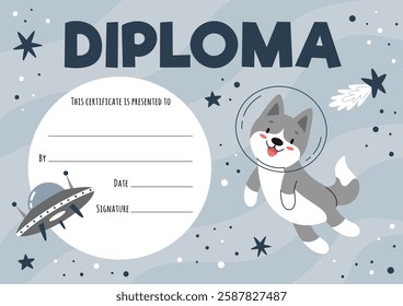 Kids diploma certificate with animals astronauts in open space with stars and planets. Template for achievement rewards. Vector cartoon illustration