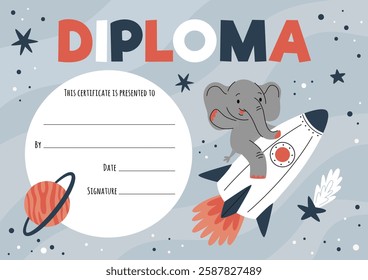 Kids diploma certificate with animals astronauts in open space with stars and planets. Template for achievement rewards. Vector cartoon illustration