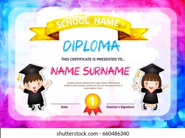 Kids Diploma Certificate Background Design Templatewatercolor Stock ...