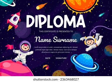 Diploma infantil o certificado con astronautas de niños caricaturizados en el espacio exterior, fondo de plantilla vectorial. Escuadrón infantil en galaxia con nave espacial con cohetes y planetas para el marco de diploma de educación preescolar