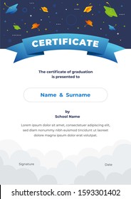 Kids Diploma certificate with color background template layout design. Lovely graphic coupon for kids graduation