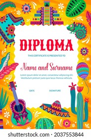 Kids diploma certificate mexican poncho and pyramids, chameleon and flowers, guitar and cactuses. Education school or kindergarten cartoon vector award frame with balloons, sombrero and leaves