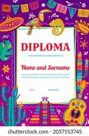 Kids diploma certificate with mexican sombrero, chameleon and toucan, guitar, cactuses. Children education diploma, vector certificate template with mexico culture symbols, animal and plant ornaments