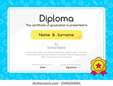 Kids Diploma certificate on blue background template layout design. Lovely graphic coupon for kids graduation