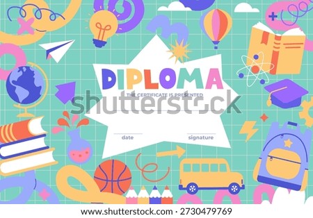 Kids Diploma certificate on math copybook background. Colorful template of school and preschool diploma certificate for kids and children in kindergarten or primary grades with school equipment.Vector
