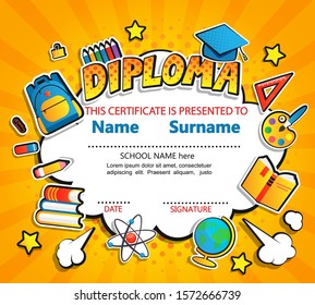 Kids Diploma certificate on retro vintage background. Template for Kindergarten, Preschool, Elementary school children certificates with school equipment for celebration finishing education. Vector