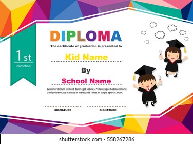 Kids Diploma certificate in polygonal style with lovely children design template