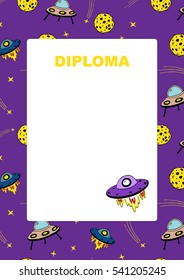Kids diploma, certificate with space background and flying saucer