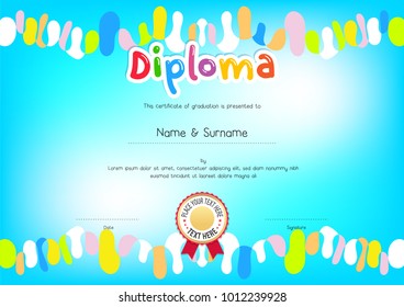 Kids Diploma or certificate template with colorful border and blue background