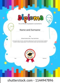 Kids Diploma or certificate template with colorful stripe background