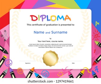 Kids Diploma Certificate Template Colorful Background Stock Vector ...