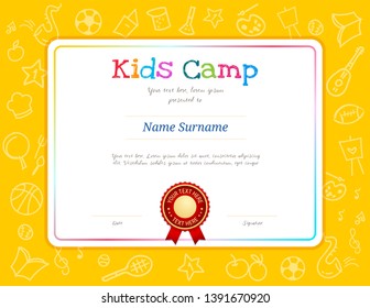 Kids Diploma or certificate template with colorful background for kid camp