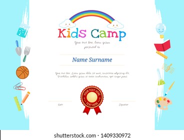 Kids Diploma or certificate template with colorful background for kid camp