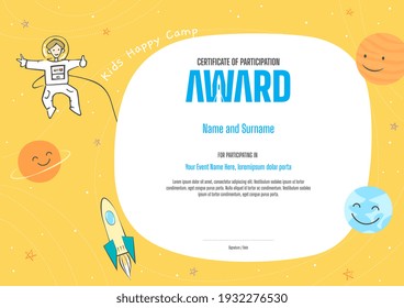 Kids Diploma or certificate template with colorful background for kid camp