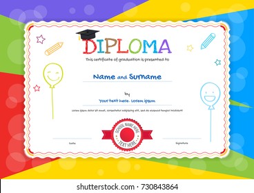 Kids Diploma or certificate template with hand drawing cartoon style background