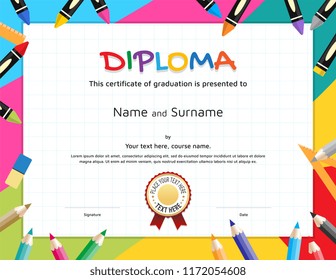 Kids Diploma or certificate template with painting stuff border