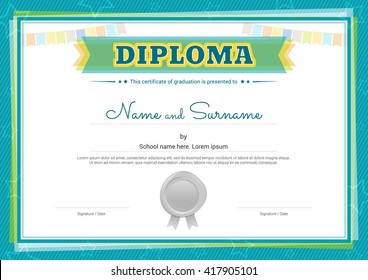 Kids diploma certificate template in vector for graduation with silver wax seal, green border