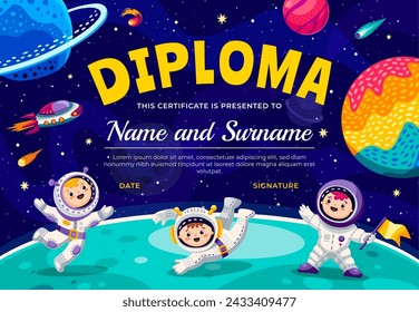 Kids diploma with child astronauts on planet surface in outer space, vector certificate award. School or kindergarten diploma with kid spaceman, space rocket or galaxy spaceship, asteroids and comets