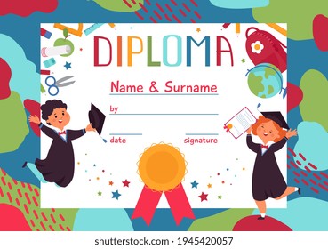 Kids diploma. Children graduation, fun cartoon boy and girl. Happy preschool students, school or kindergarten certificate decent vector template