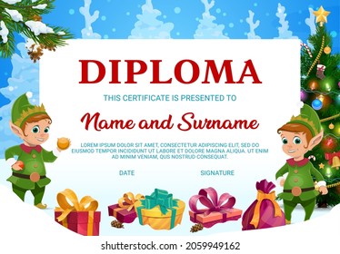 Kids diploma, christmas gift certificate with elves, present boxes and fir trees decorated with garland, baubles and candy canes with falling snowflakes on winter background. Xmas kid diploma or frame