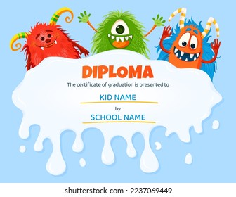 Kids diploma with cute funny monster characters.