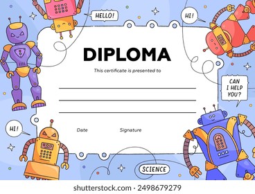 Kids diploma or education certificate vector design template with cartoon robots and droids for school or kindergarten with humanoid cyborgs, androids or artificial intelligence characters