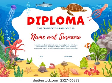 Kids diploma of explorer or diver with underwater sea animals like turtle, fish and octopus. Cartoon vector educational certificate template for children achievements, activities or school programs