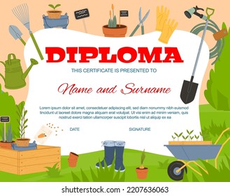 Kids diploma. Farming and gardening tools education certificate vector template. Child award or graduate diploma with background frame of garden plants, farmer equipment, bucket, shovel and gloves