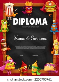 Kids diploma. Fast food characters, cafe chalkboard. Child competition winner award, kids education achievement vector diploma with cheerful popcorn, burger and burrito, taco, coffee, pizza and sauces