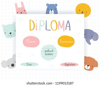 Kids diploma with funny animals. Vector hand drawn illustration.