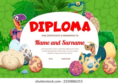 Kids diploma with funny baby dino in egg shells and prehistoric jungle palm trees. Vector certificate, diploma or winner award, kids education prize with cartoon cute little dinosaurs in color eggs