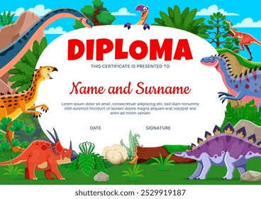 Diploma para niños con divertidos personajes de dinosaurios prehistóricos de dibujos animados, Plantilla de certificado de Vector. Diploma de educación escolar o certificado de premio de apreciación de jardín de infantes con divertido dino en el parque jurásico