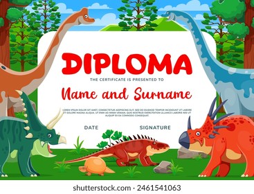 Kids diploma with funny dinosaurs. Cartoon dino characters preschool education certificate or kindergarten graduation diploma vector template. Funny triceratops, brontosaurus and dimetrodon personages