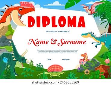 Kids diploma with funny dinosaurs and dino for education certificate, vector cartoon template. Cute Jurassic dino characters T-rex dinosaur and pterodactyl in jungle for kindergarten classes diploma