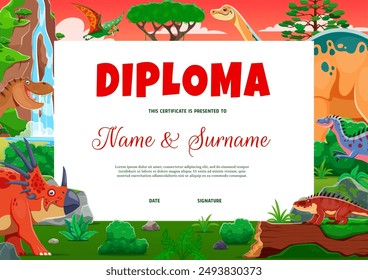 Diploma de los niños, dinosaurios divertidos en el marco del fondo del atardecer. Certificado de Vector de graduación de jardín de infantes con tiranosaurio de dibujos animados, braquiosaurio y tapejara. Diploma de educación infantil y diseño de premios