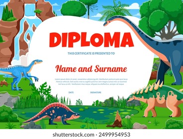 Diploma infantil con divertidos personajes de dinosaurios prehistóricos. Certificado de escuela de Vector o jardín de infantes con dino de dibujos animados, personajes de animales reptiles jurásicos. Marco de premios de las clases de paleontología para niños