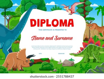 Diploma infantil con divertidos personajes de dinosaurios prehistóricos. Diploma infantil, premio y certificado de regalo en el marco de fondo de Vector de animales de dibujos animados dino, tiranosaurio, brontosaurio y triceratops