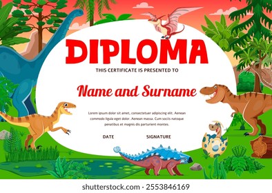 Kids diploma with funny prehistoric dinosaurs, jungle forest and mountains cartoon background frame. Vector certificate, diploma, award or prize of achievement with dinosaurs and baby dino in egg