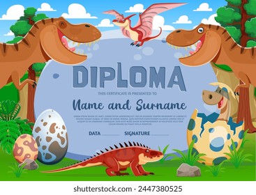 Kids diploma with funny tyrannosaur rex and baby dinosaur characters. Vector recognition certificate template for kiddos awesome achievements. Prehistoric praise for children triumph or graduation