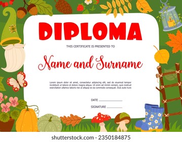 Kids diploma with gnome items, autumn leaves, plants and garden tools. Vector certificate with dwarven hat, beard, boots and lantern. Ladder, pumpkin, mushroom and potted flowers education award frame
