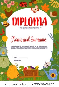 Kids diploma with gnome items, autumn leaves, plants and garden tools. Educational school or kindergarten certificate, vector award frame template with cartoon vegetable, cute insects and flowers