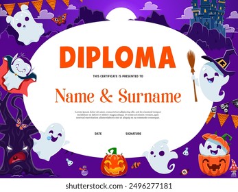 Kids diploma, Halloween cute kawaii ghost characters. Educational school or kindergarten certificate with cartoon spooks and haunted castle. Vector award frame or winner achievement trophy template