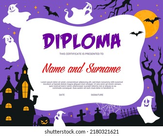 Kids diploma, Halloween ghosts on cemetery, vector education certificate award. Kindergarten appreciation diploma with funny Halloween cartoon ghost ghouls, scary night graveyard and haunted castle