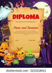 Kids diploma. Halloween holiday characters of pirate ghost, witch and pumpkin lanterns with sweet candies, cat, frog and bats, cauldron with magic potion. Halloween, child achievement vector diploma