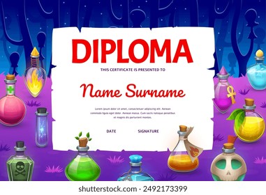 Kids diploma with Halloween magic potion bottles. Vector education school or kindergarten certificate with cartoon colorful glass flasks. Award frame template, student honor, achievement or gift