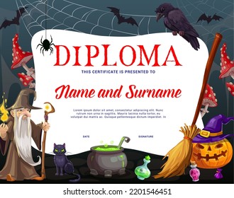 Kids Diploma Halloween Sorcerer Pumpkin Cobweb Stock Vector (Royalty ...