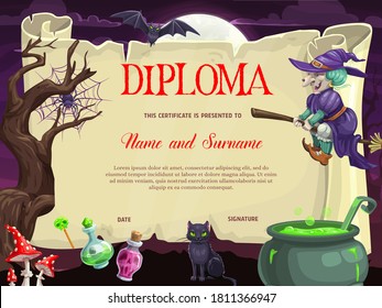 Kids diploma with Halloween vector witch on broom, black cat, bat and spider on web, cauldron, fly agaric and potion. School, kindergarten certificate template with parchment and Halloween characters