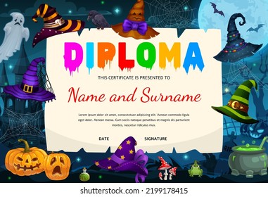 Kids Diploma. Halloween Witch Hats, Cemetery, Pumpkin Lanterns And Cobweb. Kindergarten Child Winner Award Or Vector Certificate With Wizard Cauldron, Sorcerer Hat And Halloween Pumpkin, Ghost, Frog