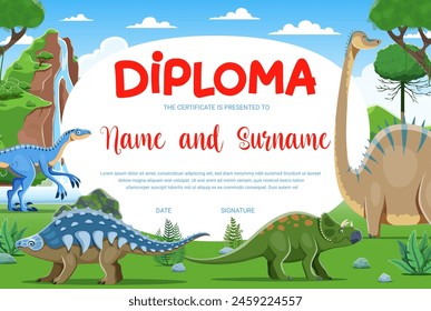 Diploma infantil, personajes de dinosaurios de dibujos animados de la era jurásica. Reconocimiento de Vector o Plantilla de certificado de logro para niños. Marco de honor para el triunfo o la celebración de la graduación con el dino prehistórico